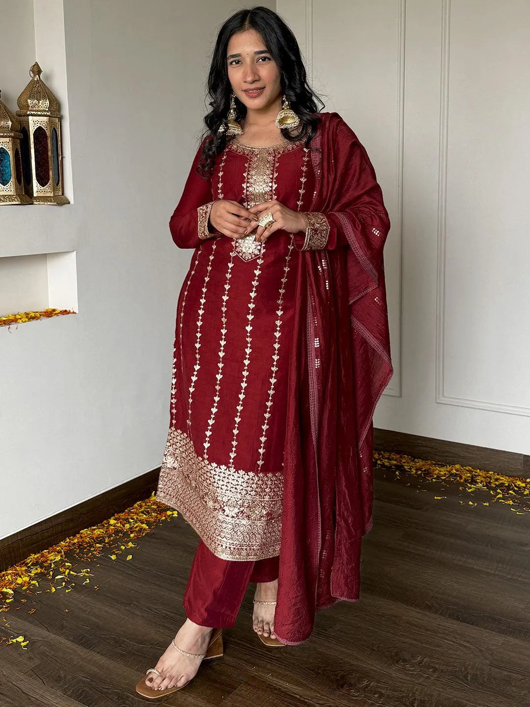 Anouk Maroon Embroidered Silk Straight Suit With Dupatta