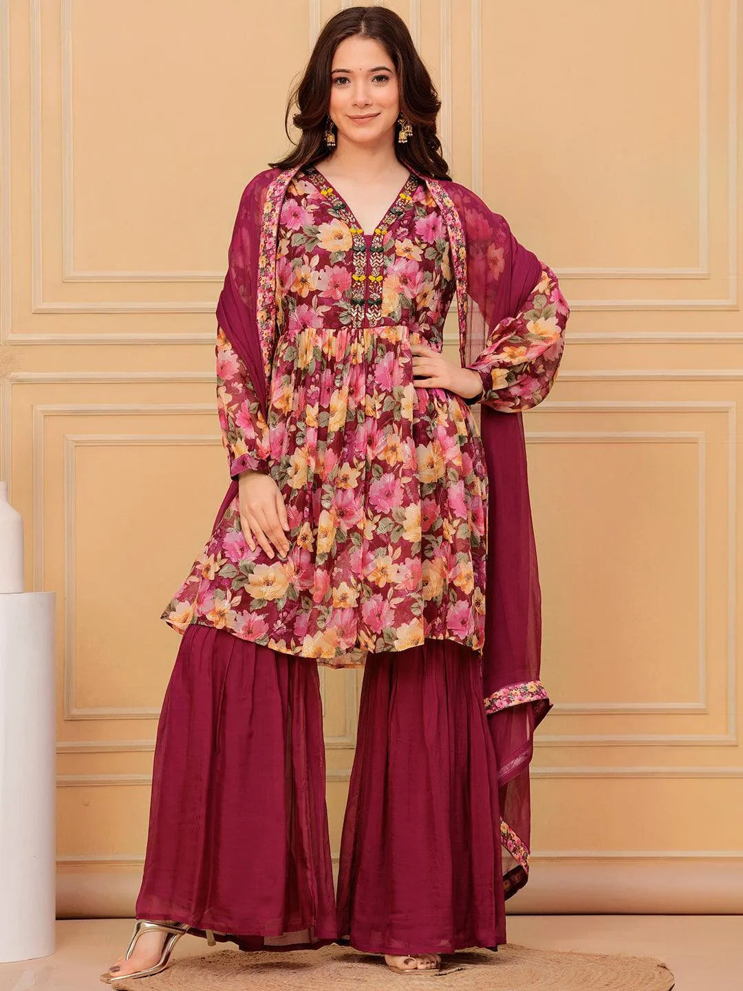 Anouk Maroon Printed Organza A-Line Sharara Suit Set With Dupatta