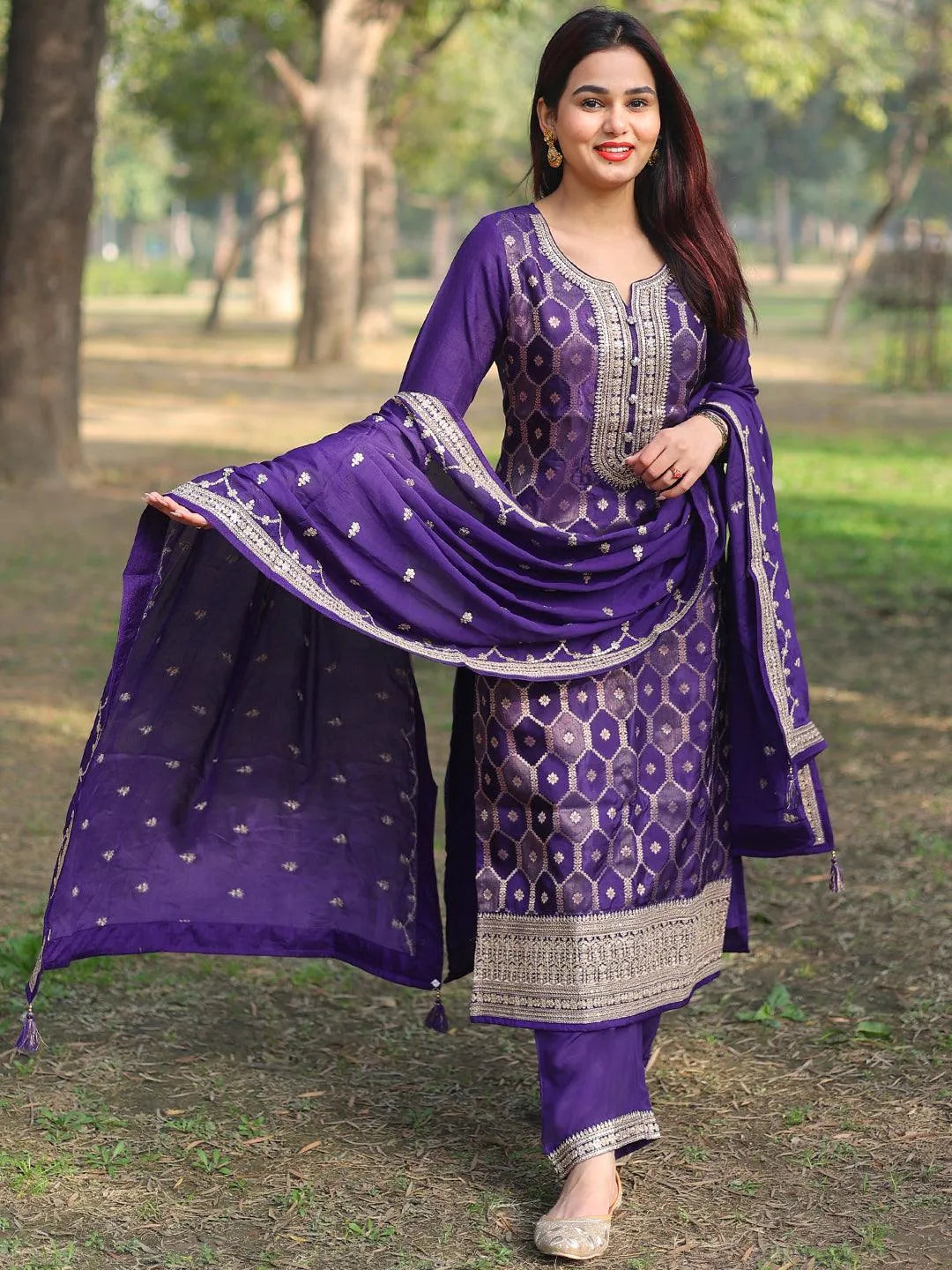 Anouk Purple Woven Design Silk Blend Straight Suit With Dupatta