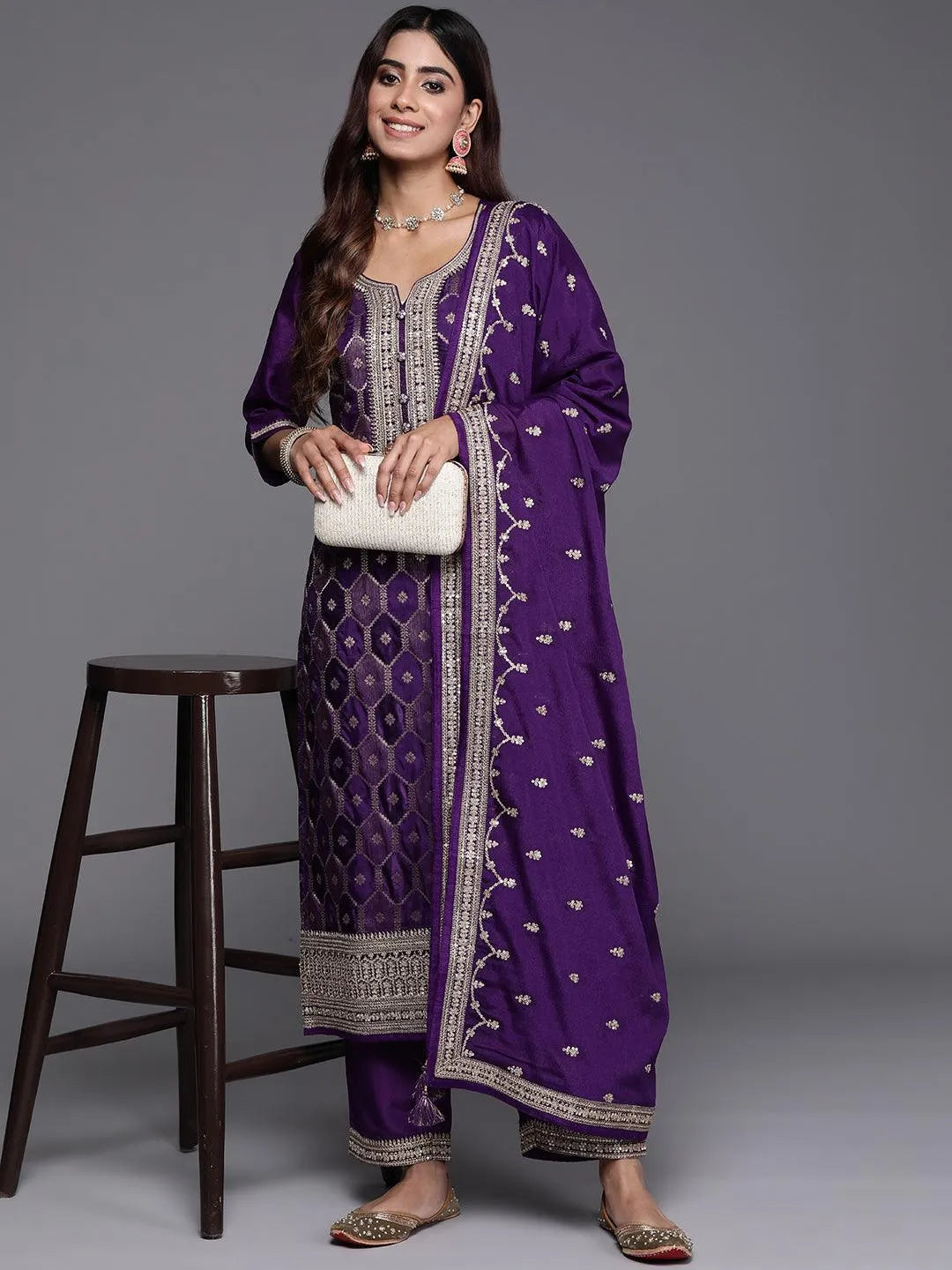 Anouk Purple Woven Design Silk Blend Straight Suit With Dupatta