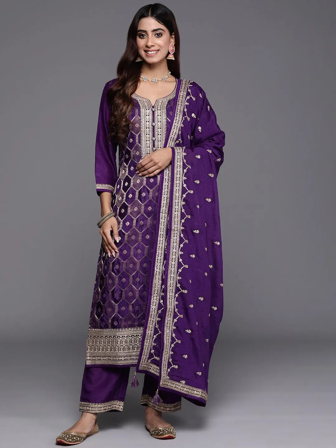 Anouk Purple Woven Design Silk Blend Straight Suit With Dupatta