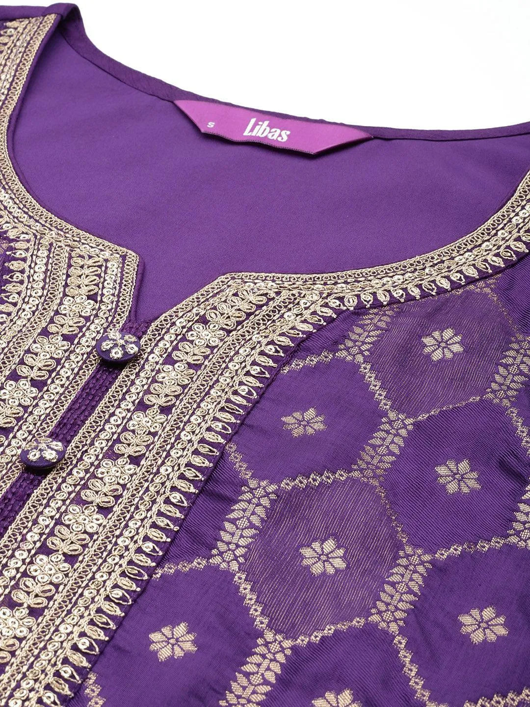 Anouk Purple Woven Design Silk Blend Straight Suit With Dupatta
