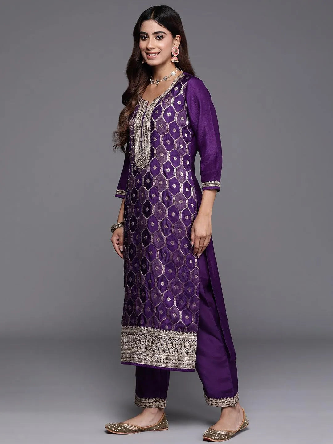 Anouk Purple Woven Design Silk Blend Straight Suit With Dupatta