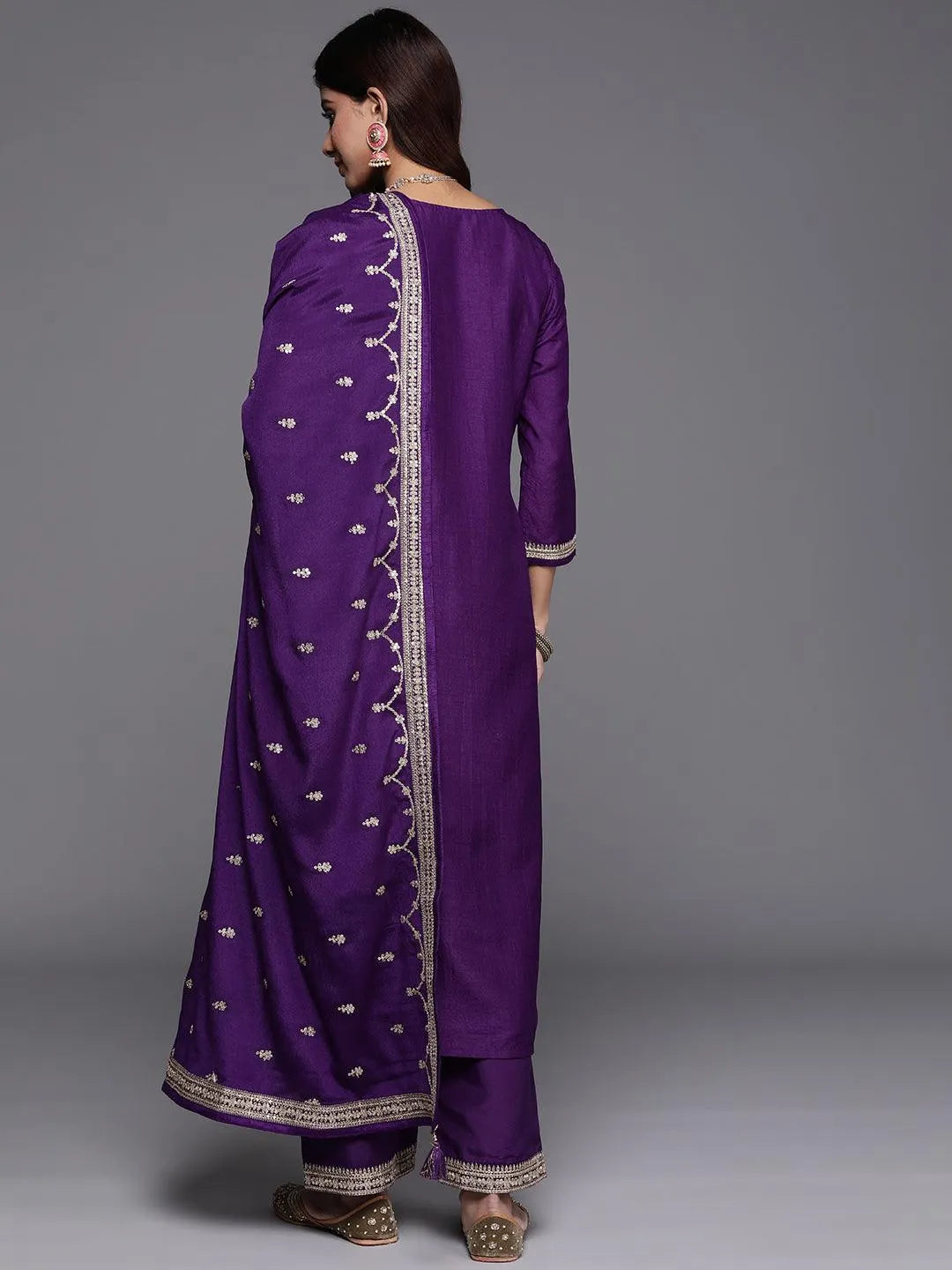 Anouk Purple Woven Design Silk Blend Straight Suit With Dupatta