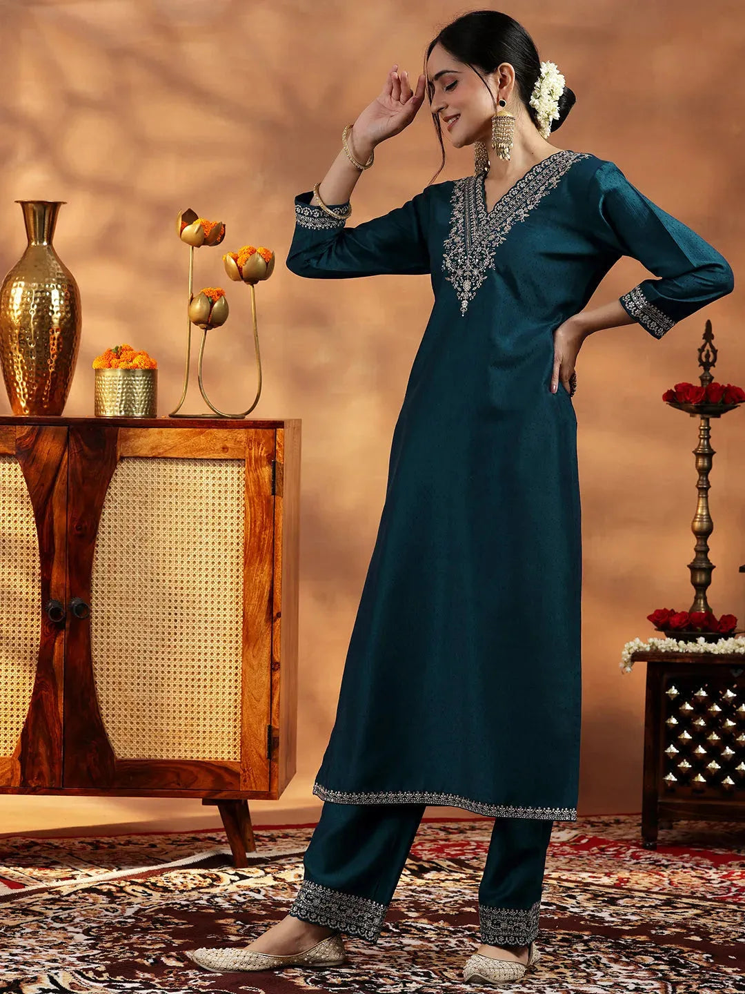 Anouk Teal Yoke Design Silk Blend Straight Suit With Dupatta