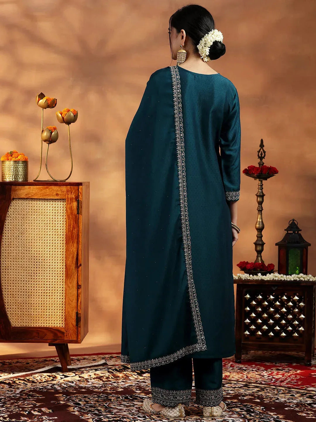 Anouk Teal Yoke Design Silk Blend Straight Suit With Dupatta