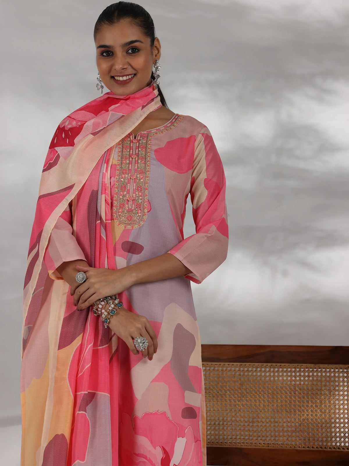 Anouk Cream Printed Cotton Blend Straight Suit With Dupatta