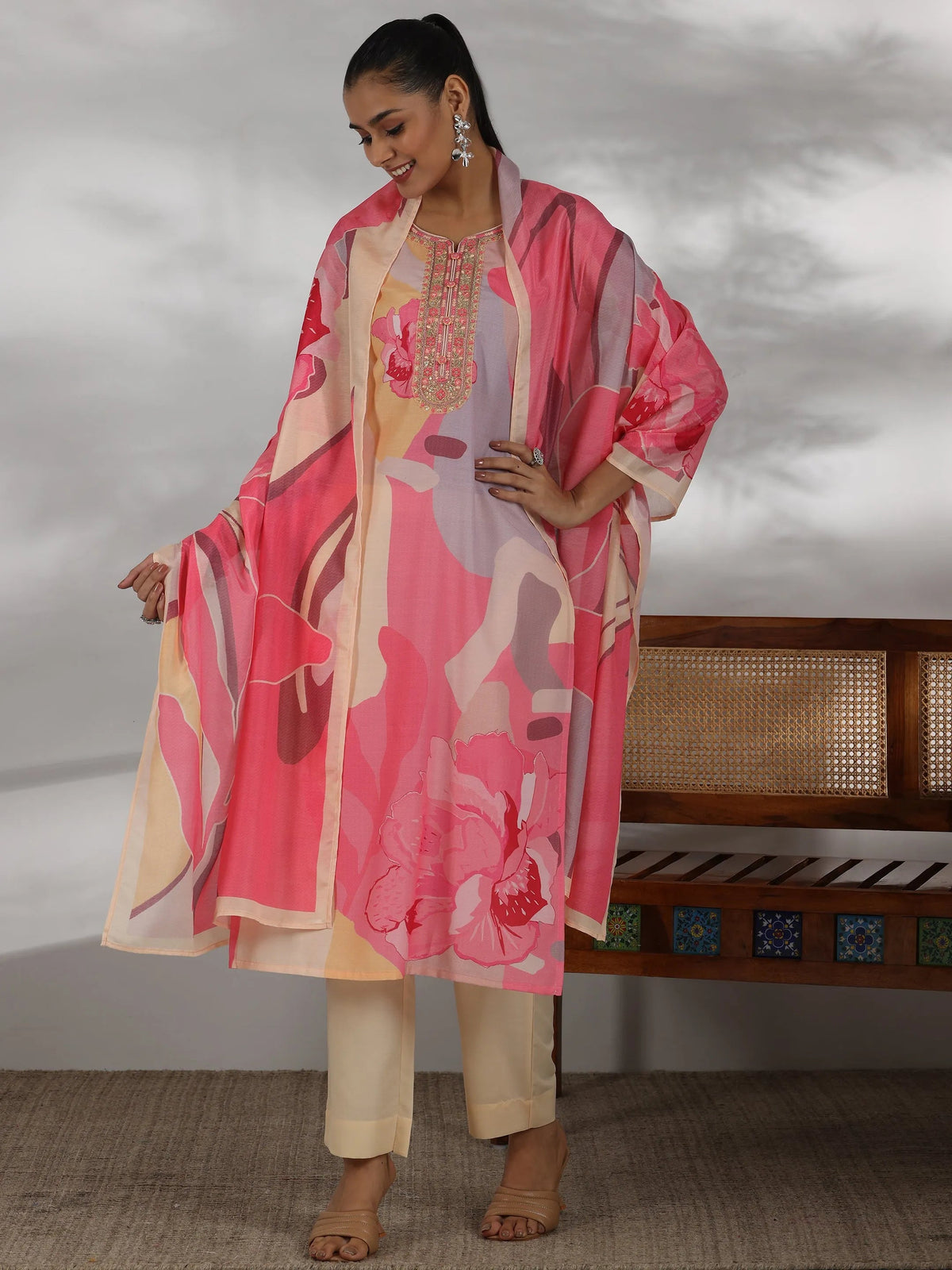 Anouk Cream Printed Cotton Blend Straight Suit With Dupatta