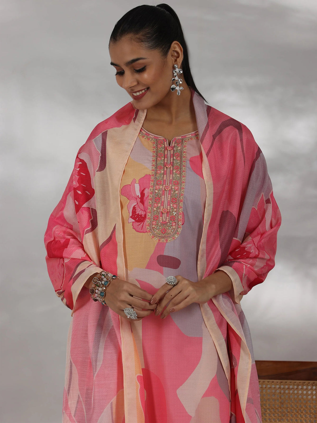 Anouk Cream Printed Cotton Blend Straight Suit With Dupatta