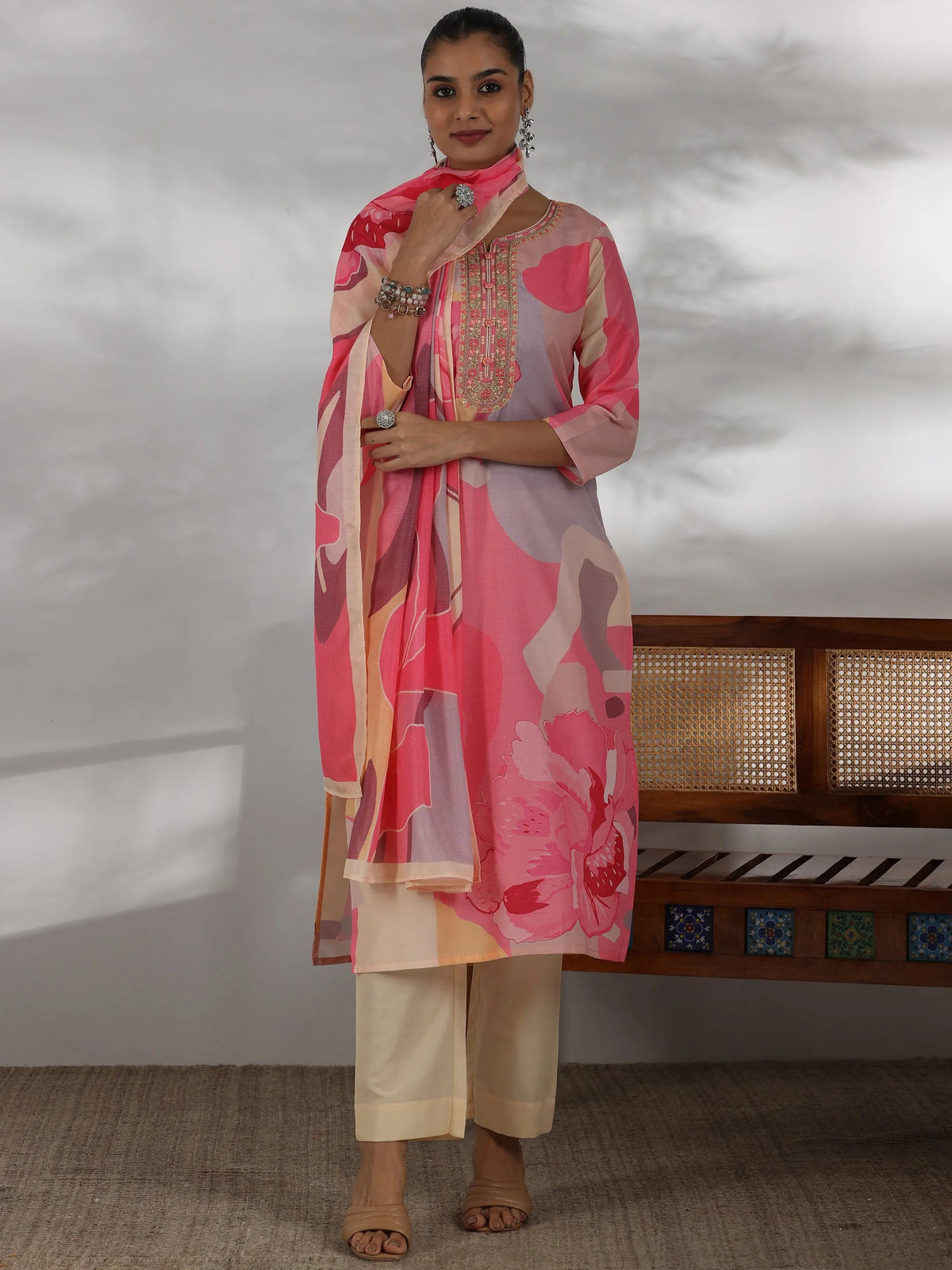 Anouk Cream Printed Cotton Blend Straight Suit With Dupatta
