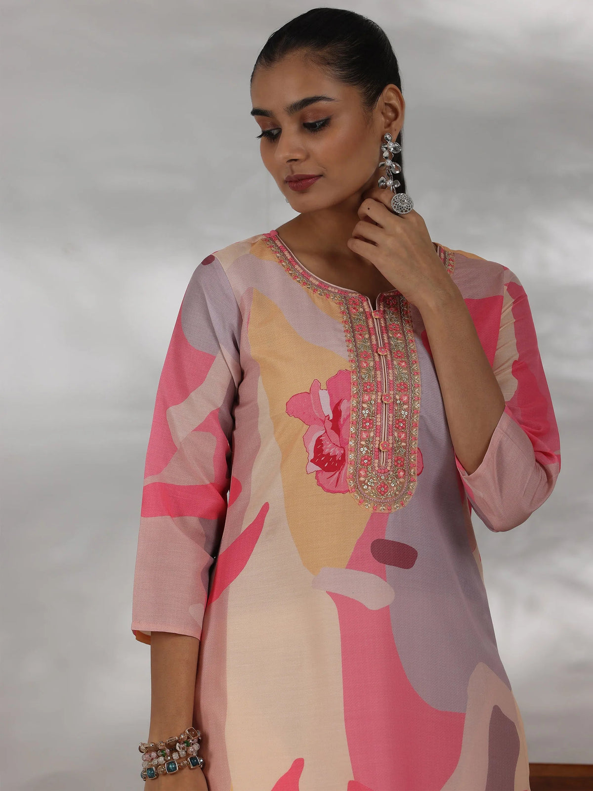 Anouk Cream Printed Cotton Blend Straight Suit With Dupatta