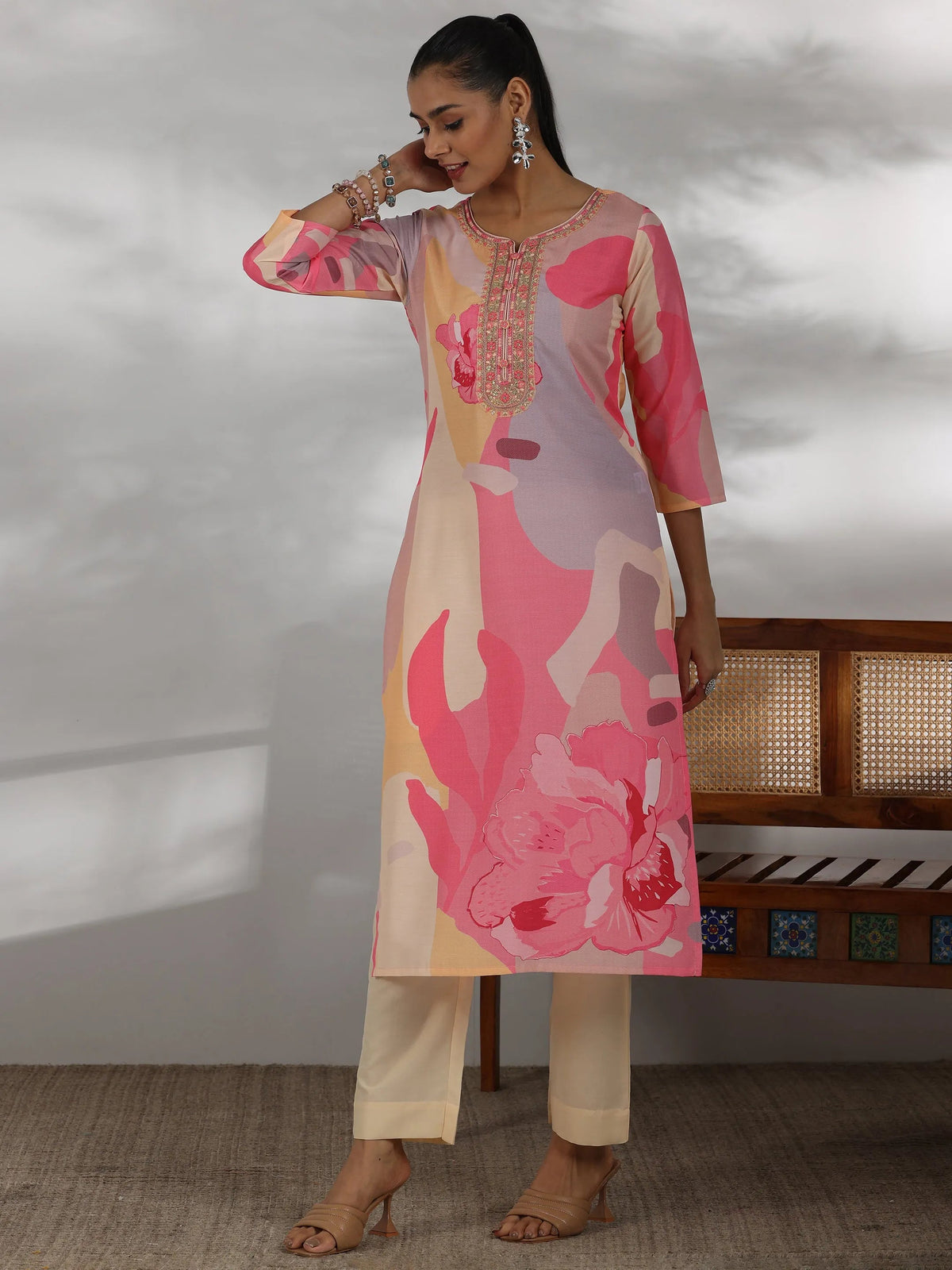 Anouk Cream Printed Cotton Blend Straight Suit With Dupatta
