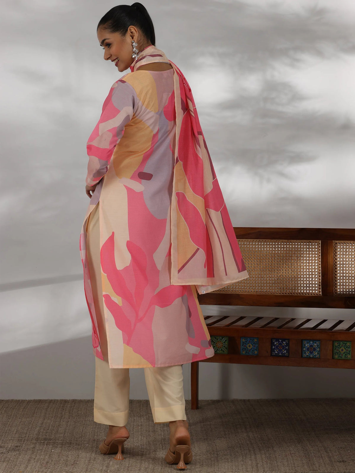 Anouk Cream Printed Cotton Blend Straight Suit With Dupatta