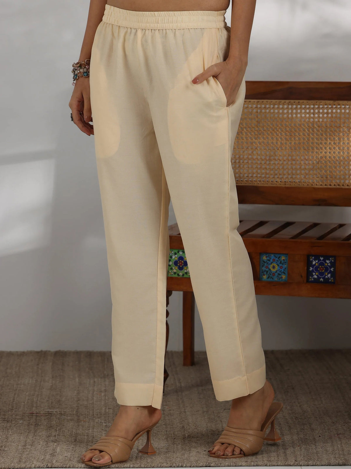 Anouk Cream Printed Cotton Blend Straight Suit With Dupatta