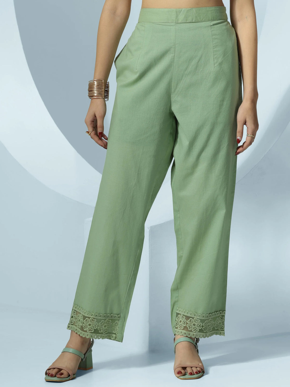 Anouk Green Printed Cotton Blend Straight Suit With Dupatta