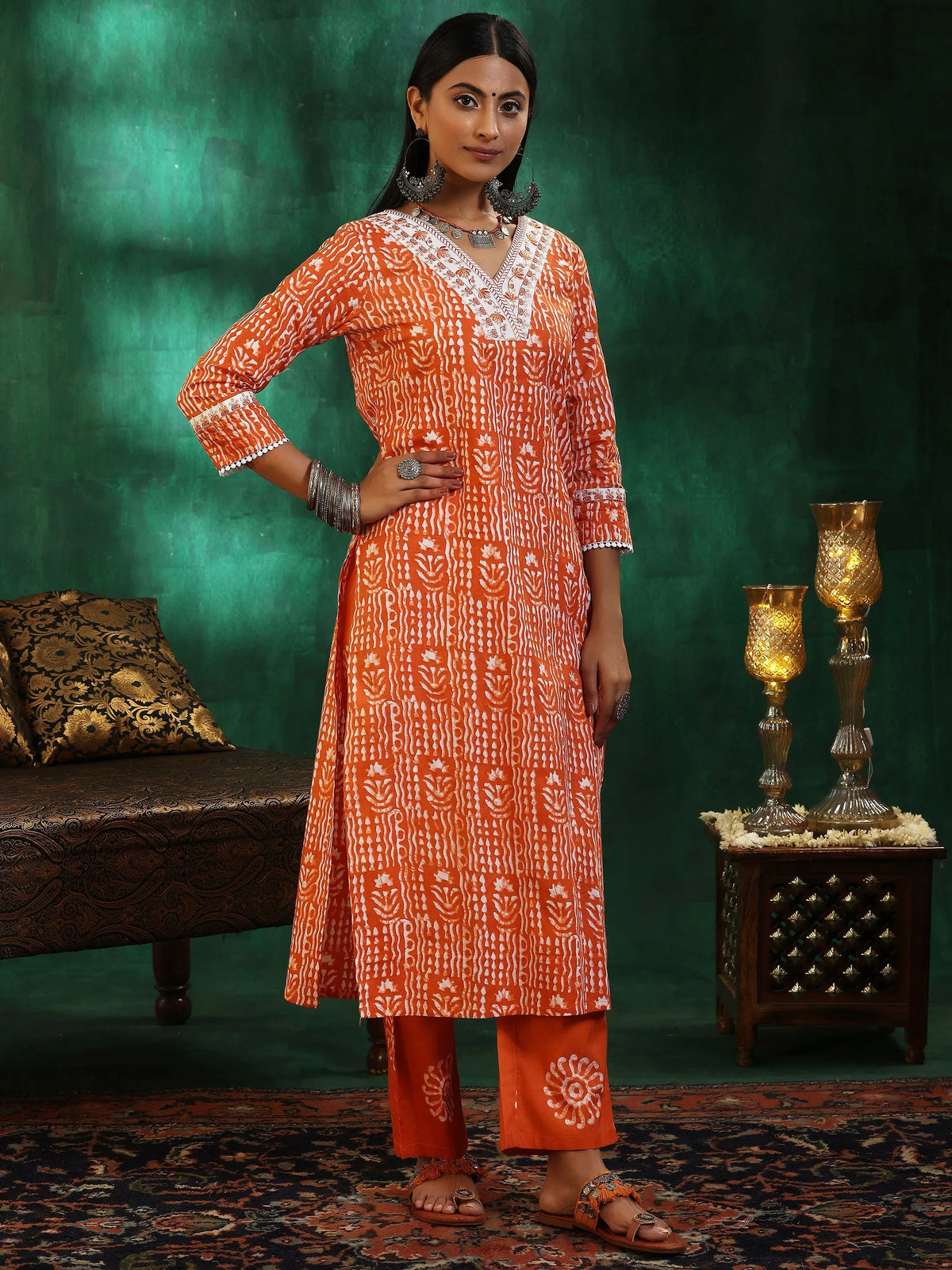 Anouk Orange Printed Cotton Straight Suit With Dupatta