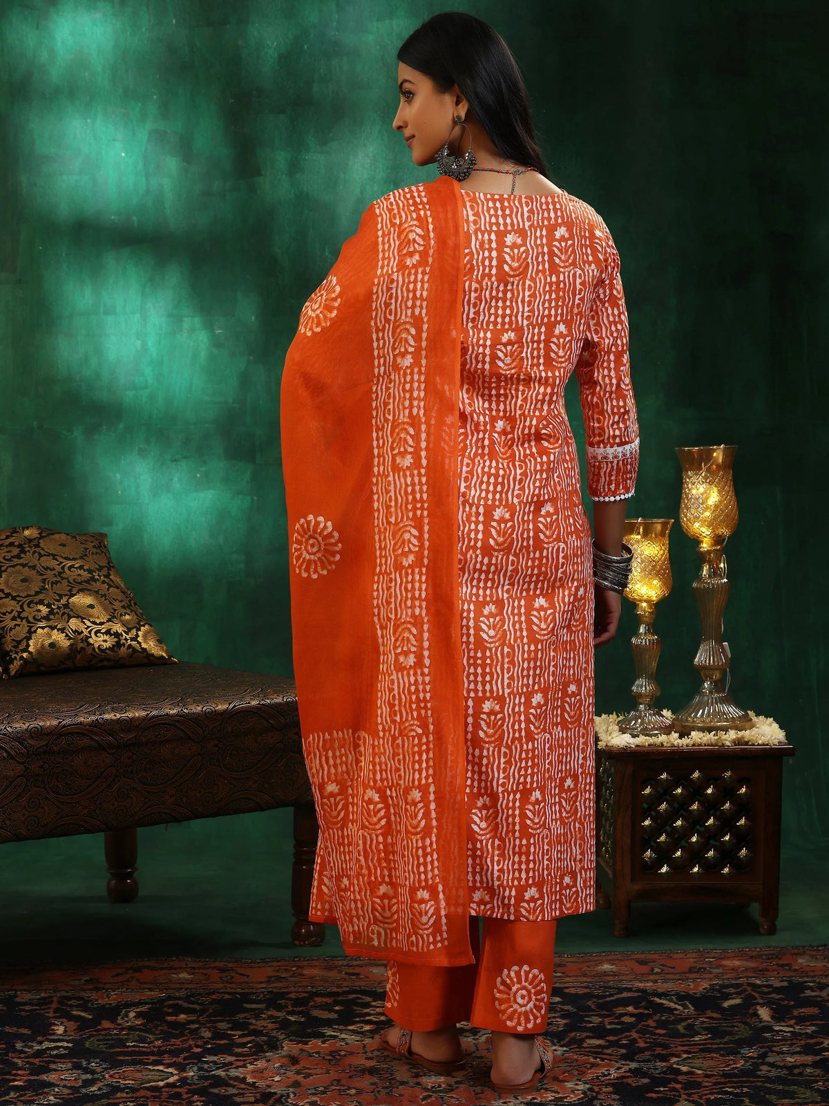 Anouk Orange Printed Cotton Straight Suit With Dupatta