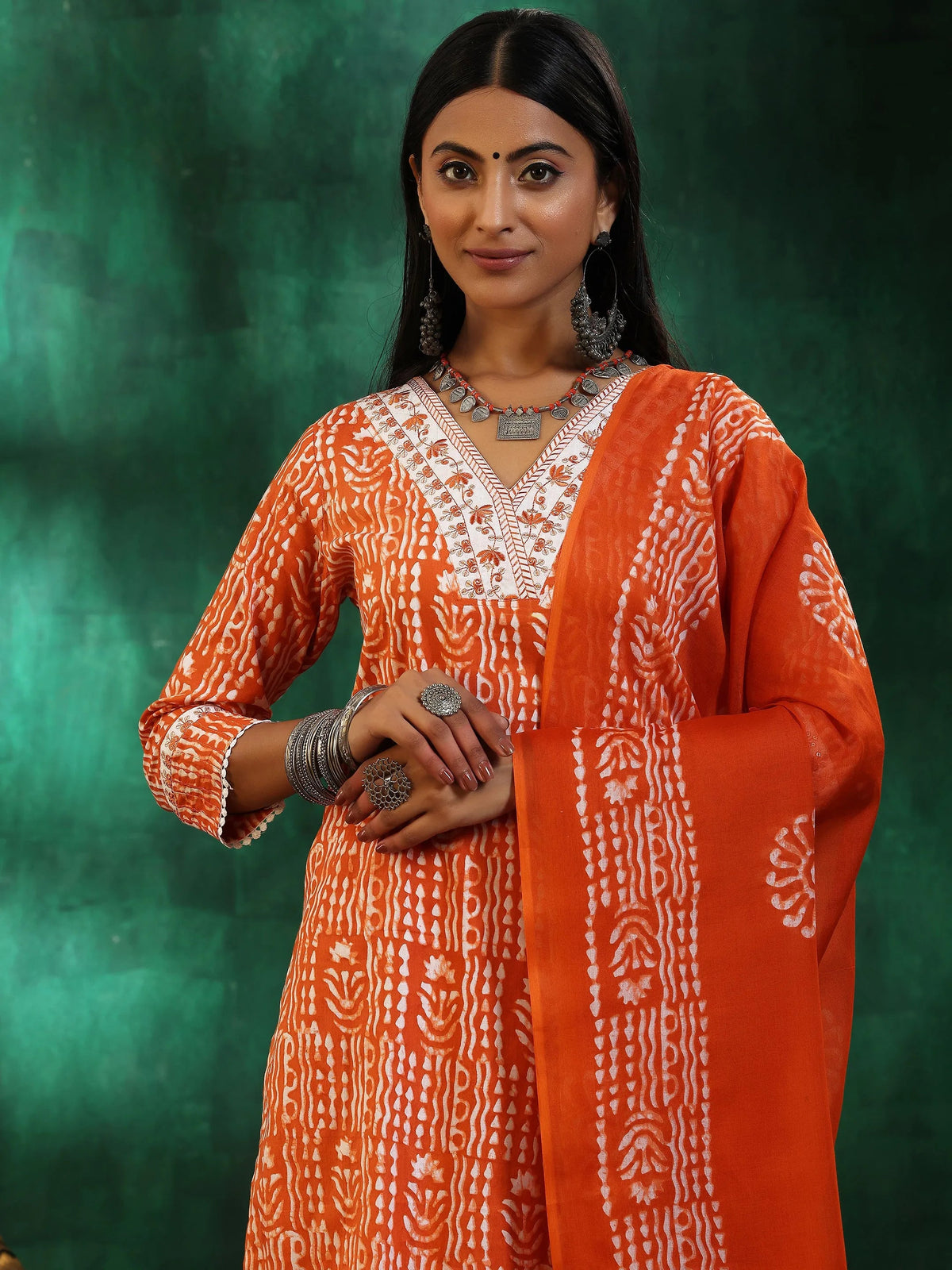 Anouk Orange Printed Cotton Straight Suit With Dupatta