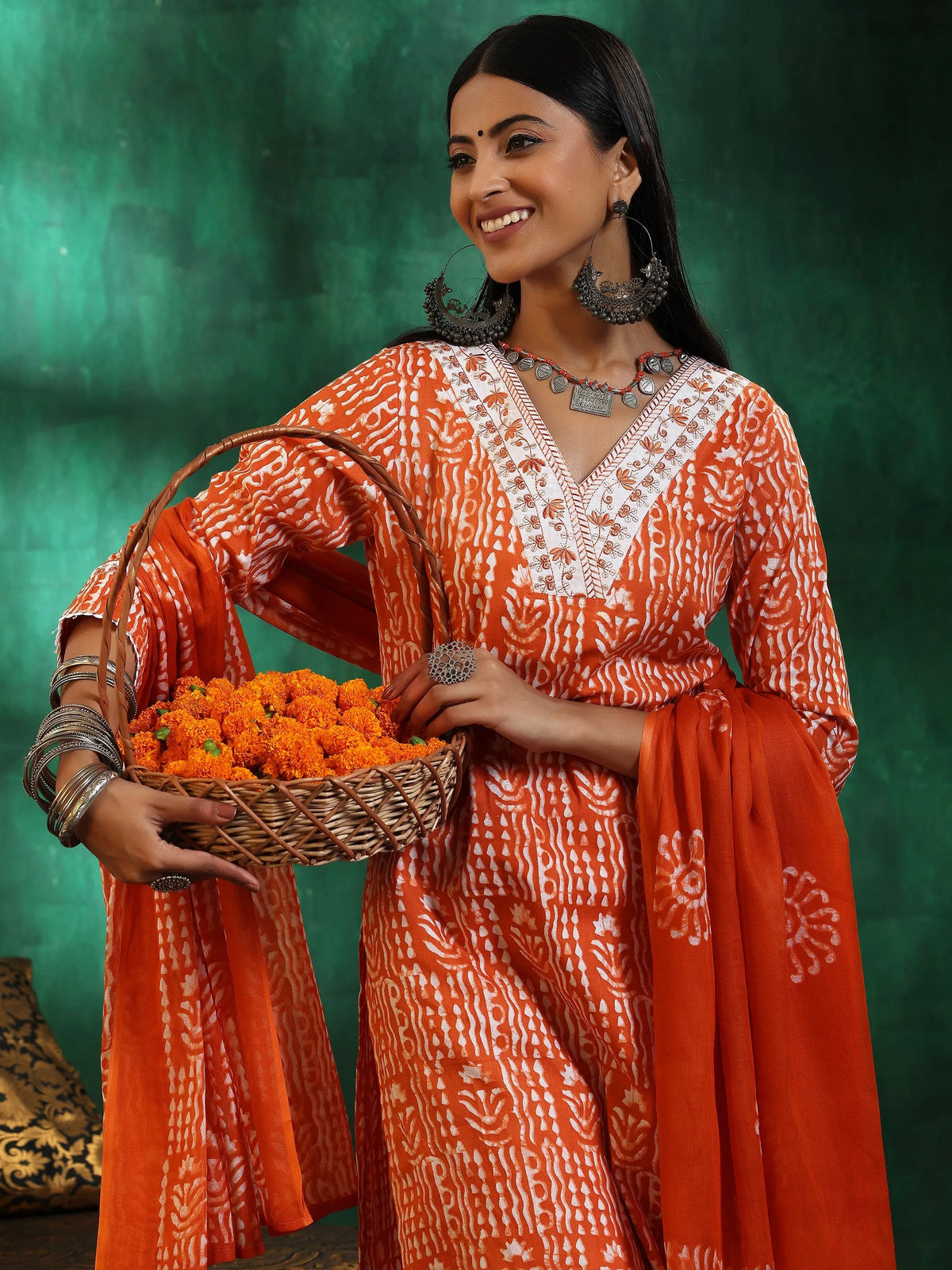 Anouk Orange Printed Cotton Straight Suit With Dupatta
