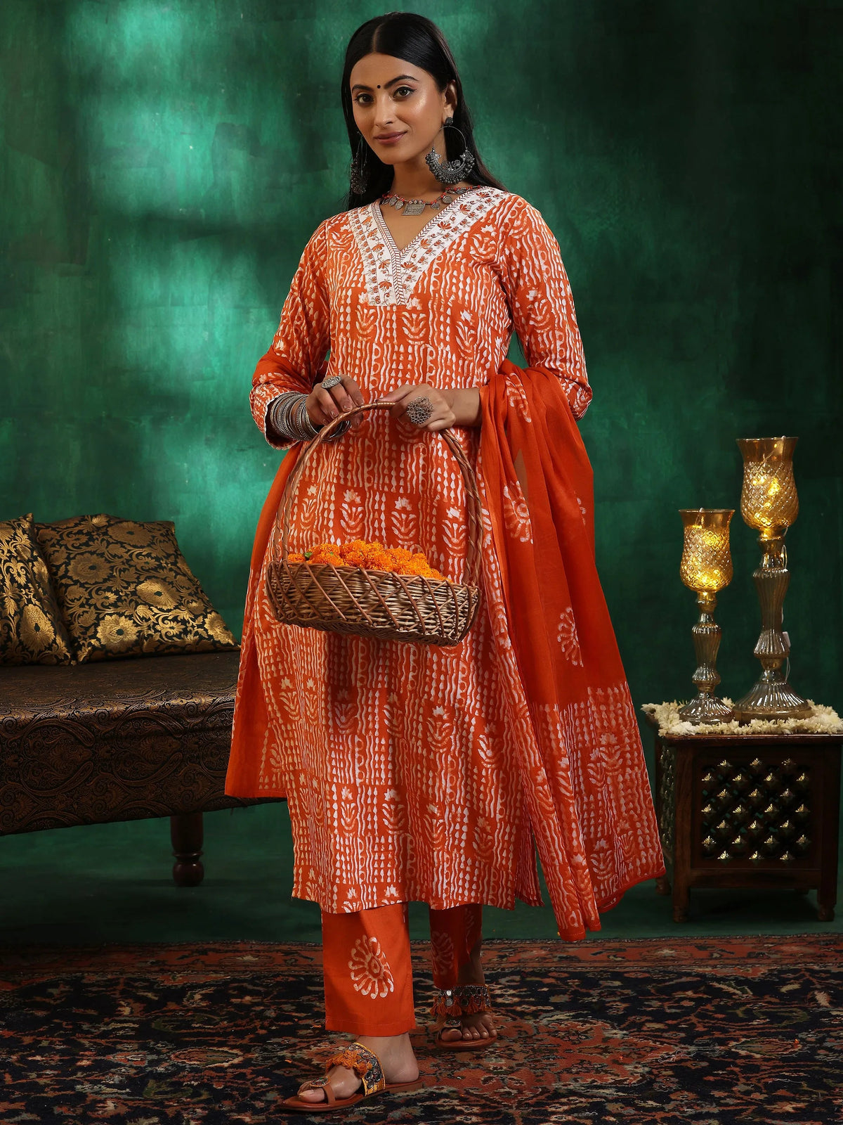 Anouk Orange Printed Cotton Straight Suit With Dupatta