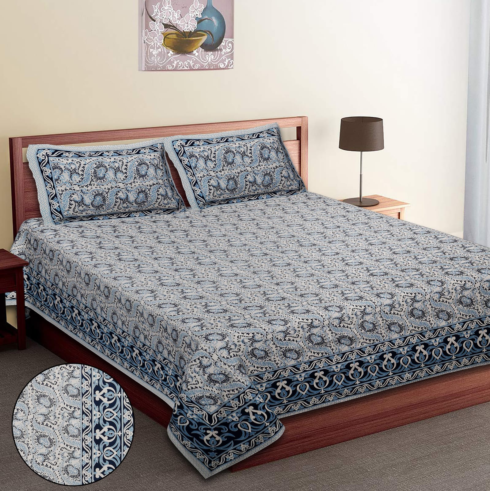 King-Size Bed Sheet Set with 2 Pillow Covers (Cotton Autoloom Fabric)