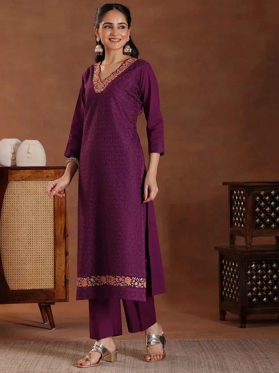 Anouk Wine Embroidered Cotton Straight Suit With Dupatta