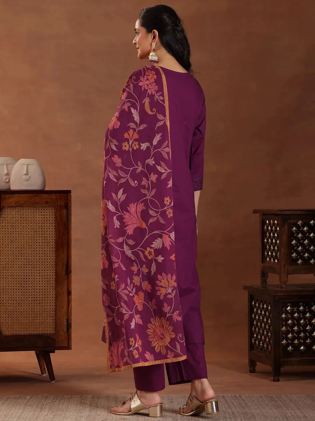 Anouk Wine Embroidered Cotton Straight Suit With Dupatta