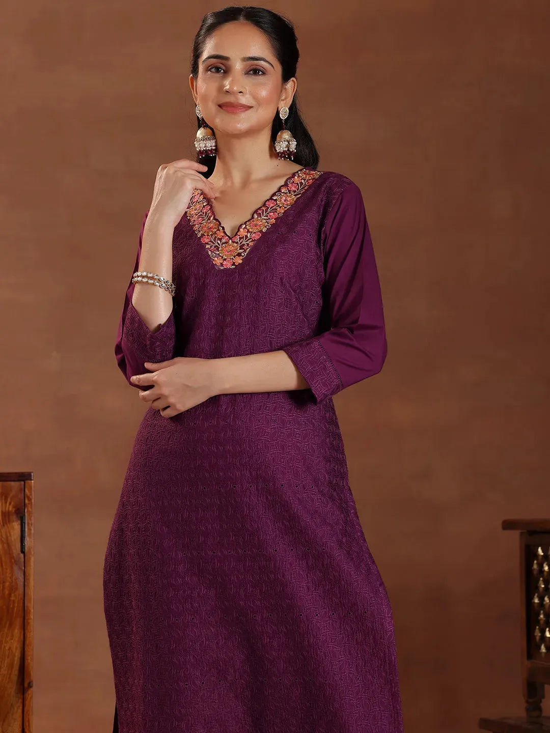 Anouk Wine Embroidered Cotton Straight Suit With Dupatta