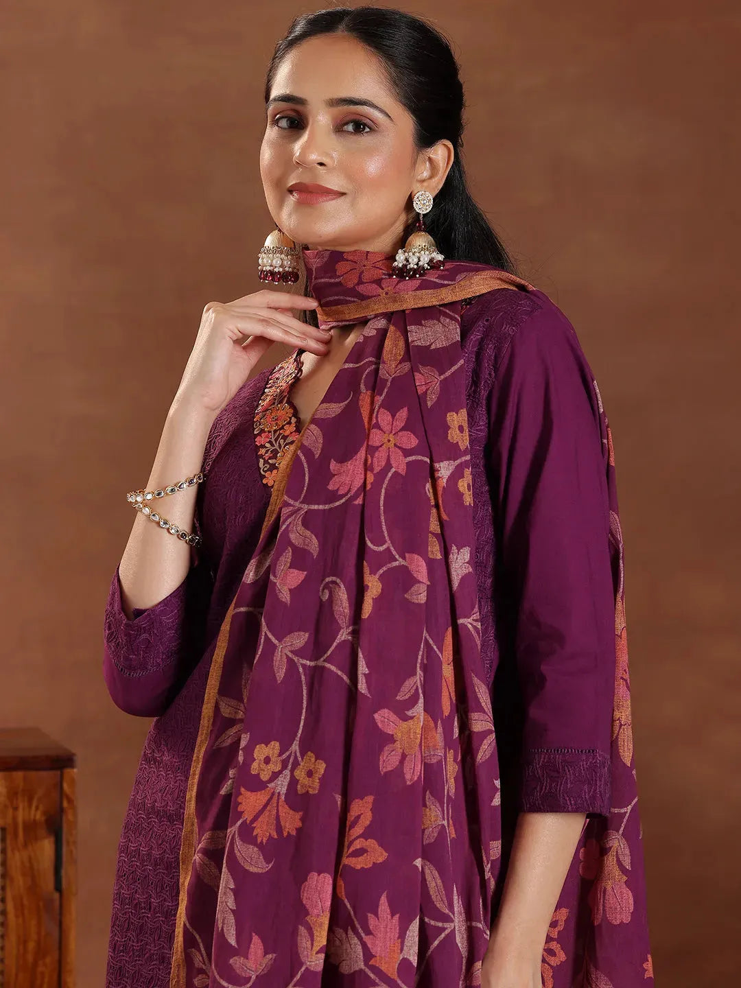 Anouk Wine Embroidered Cotton Straight Suit With Dupatta