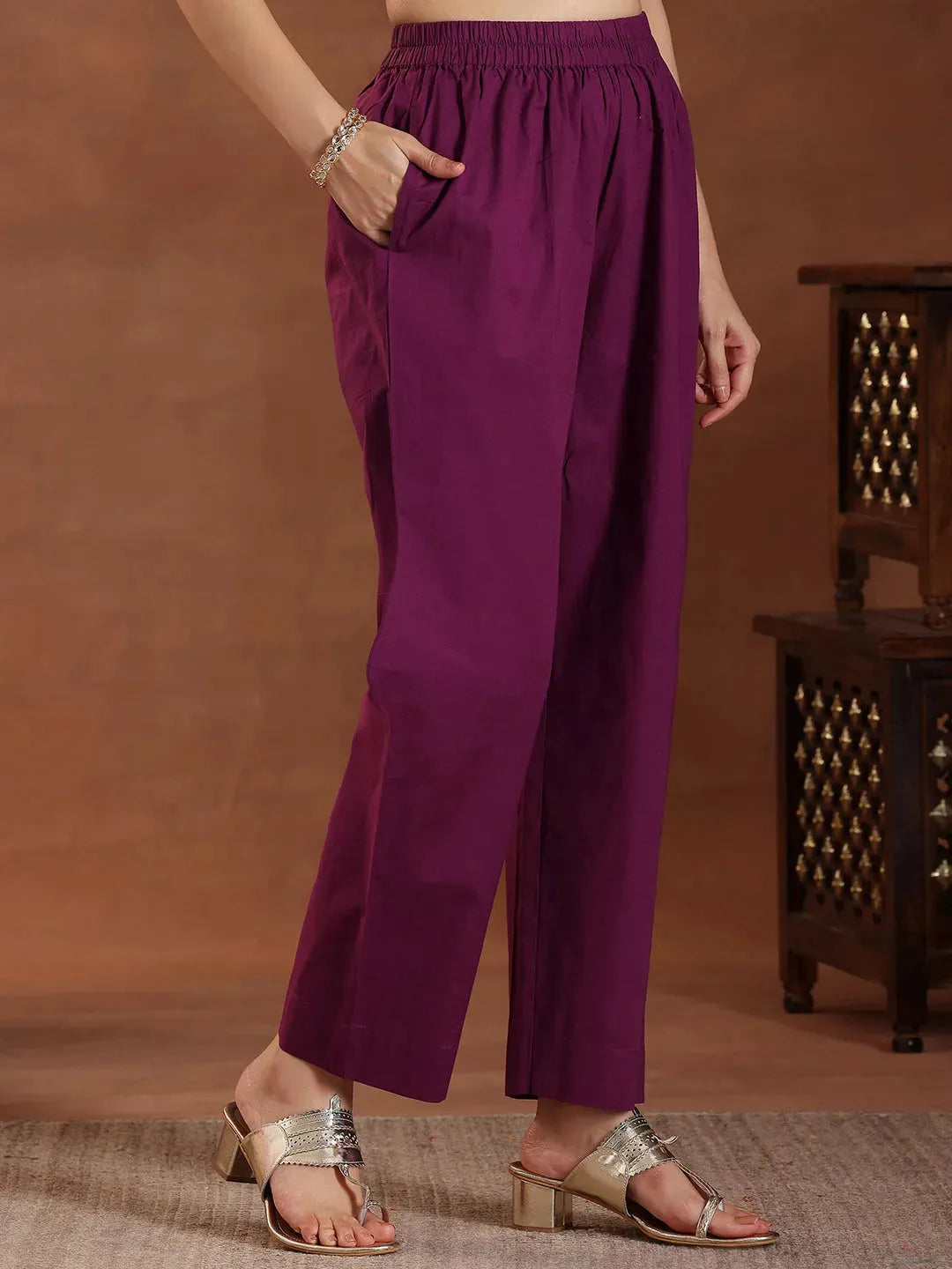 Anouk Wine Embroidered Cotton Straight Suit With Dupatta