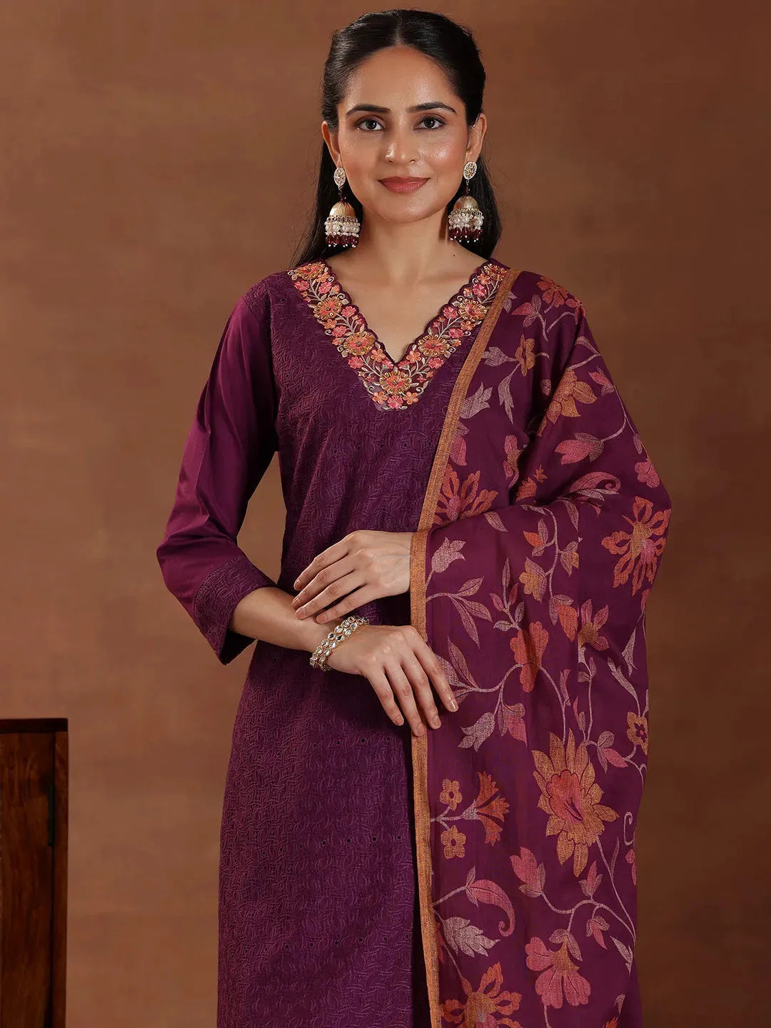 Anouk Wine Embroidered Cotton Straight Suit With Dupatta
