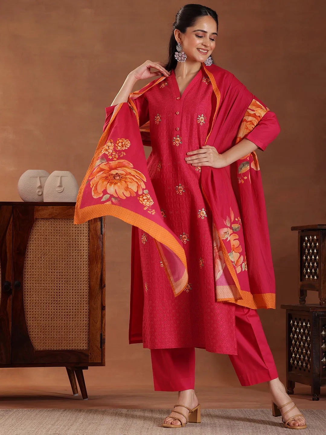 Anouk Pink Embroidered Cotton Straight Suit With Dupatta