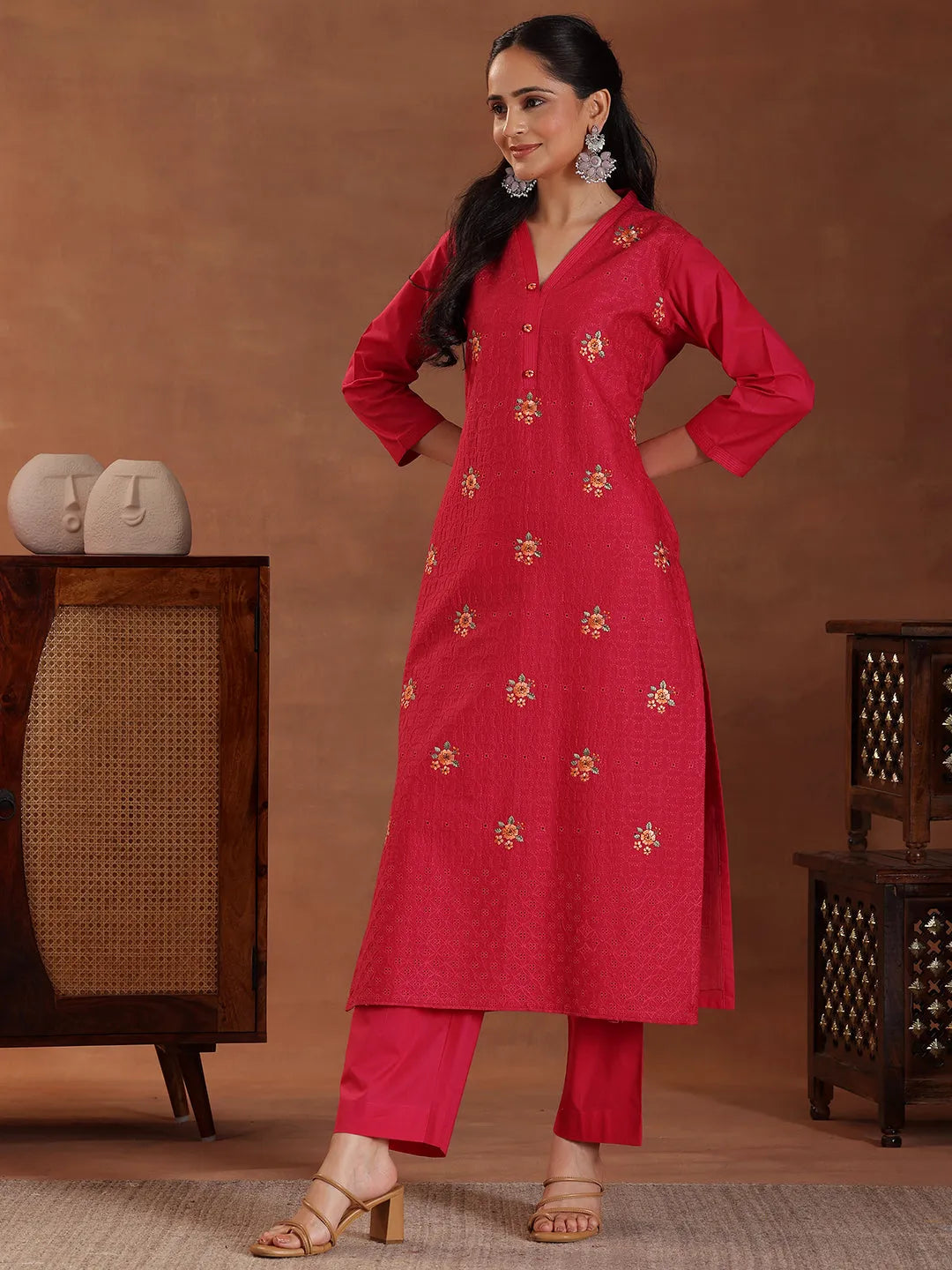 Anouk Pink Embroidered Cotton Straight Suit With Dupatta