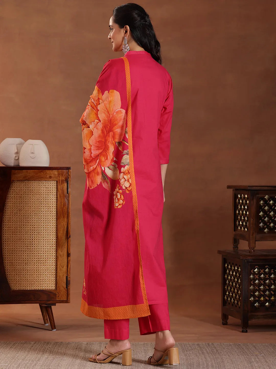 Anouk Pink Embroidered Cotton Straight Suit With Dupatta