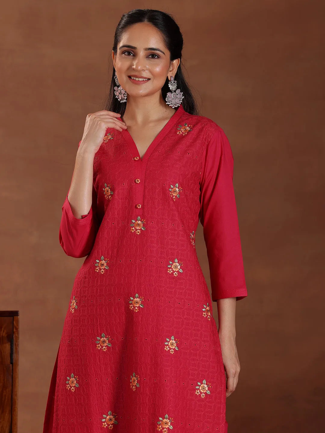 Anouk Pink Embroidered Cotton Straight Suit With Dupatta