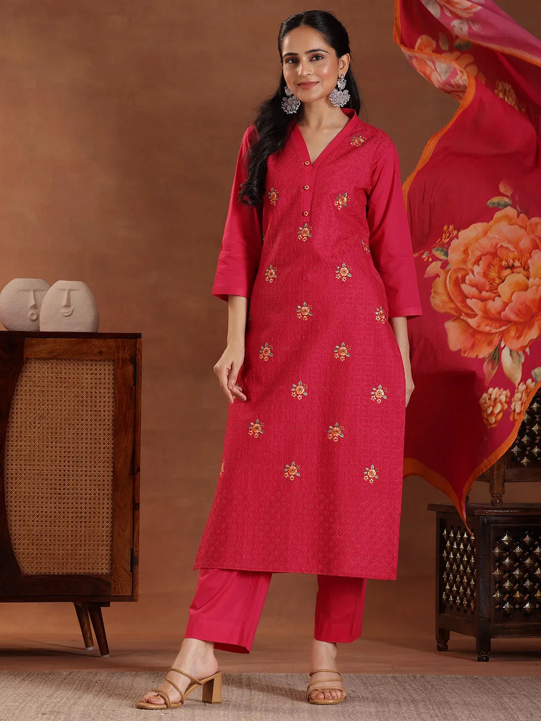 Anouk Pink Embroidered Cotton Straight Suit With Dupatta