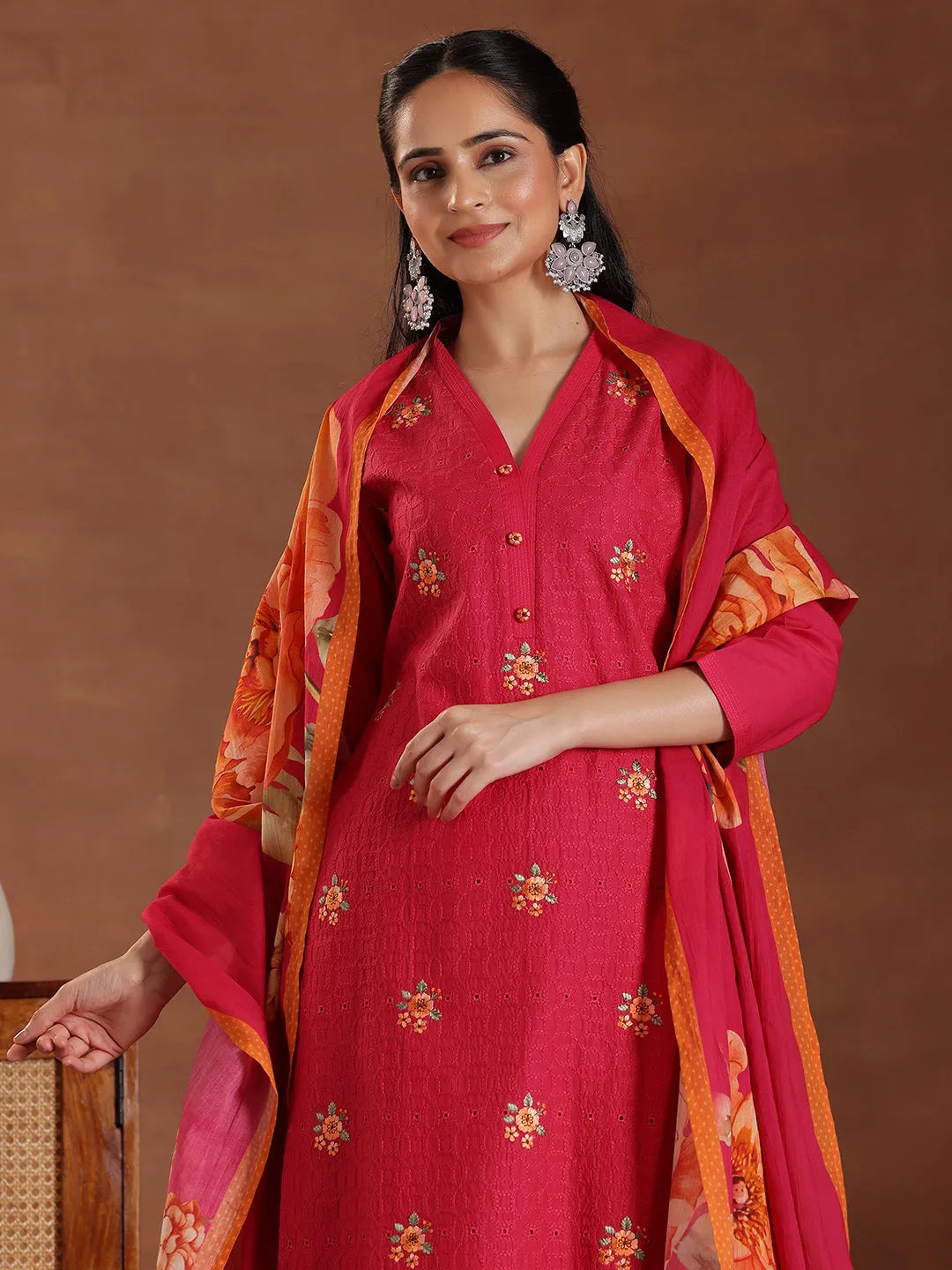 Anouk Pink Embroidered Cotton Straight Suit With Dupatta
