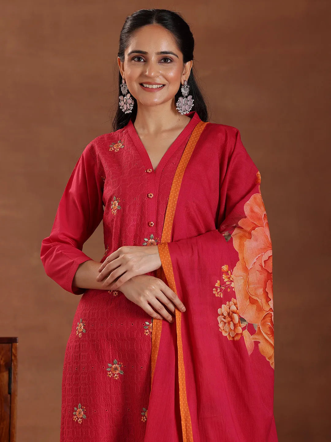 Anouk Pink Embroidered Cotton Straight Suit With Dupatta