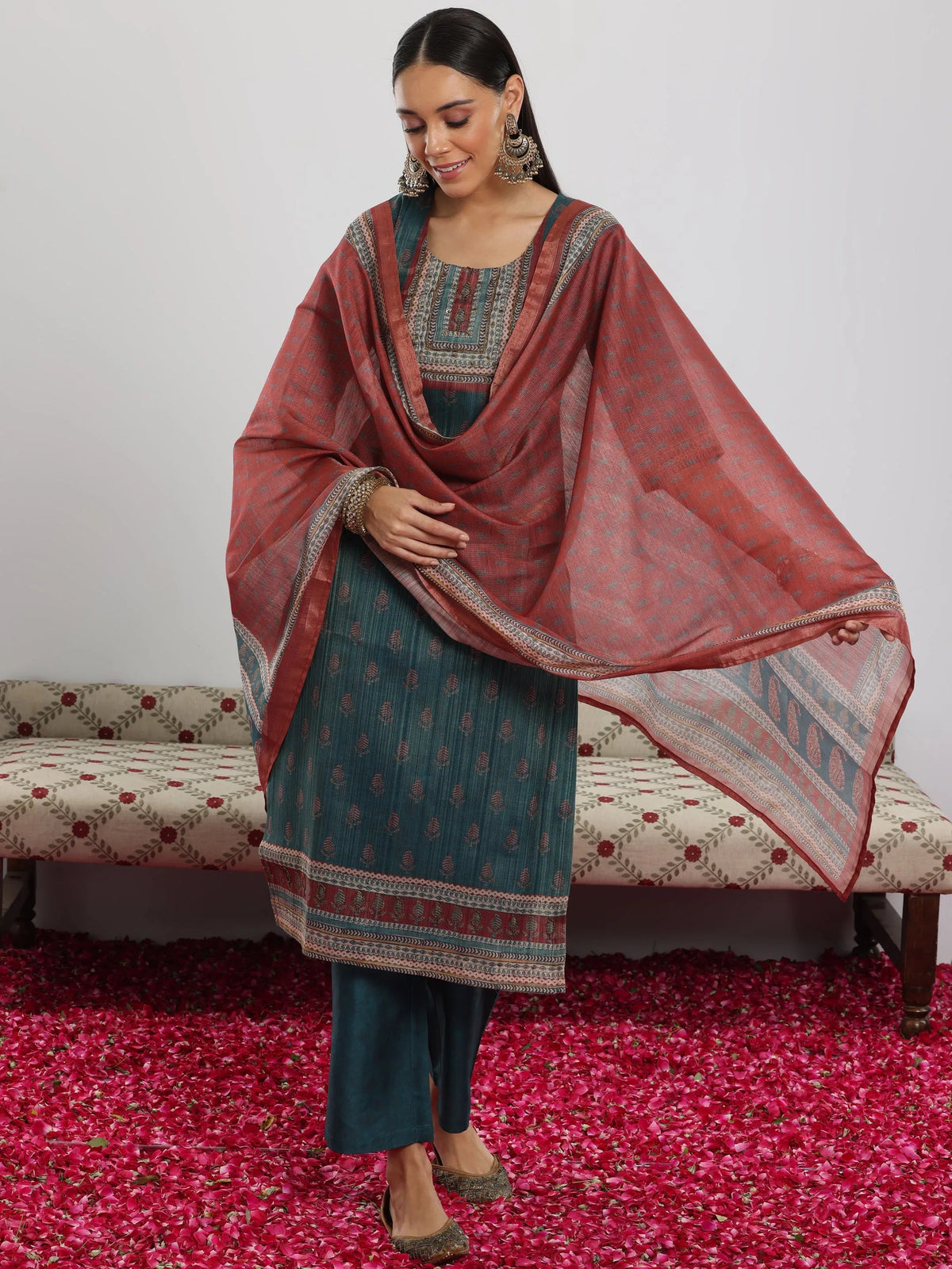 Anouk Teal Green Printed Silk Blend Straight Suit With Dupatta