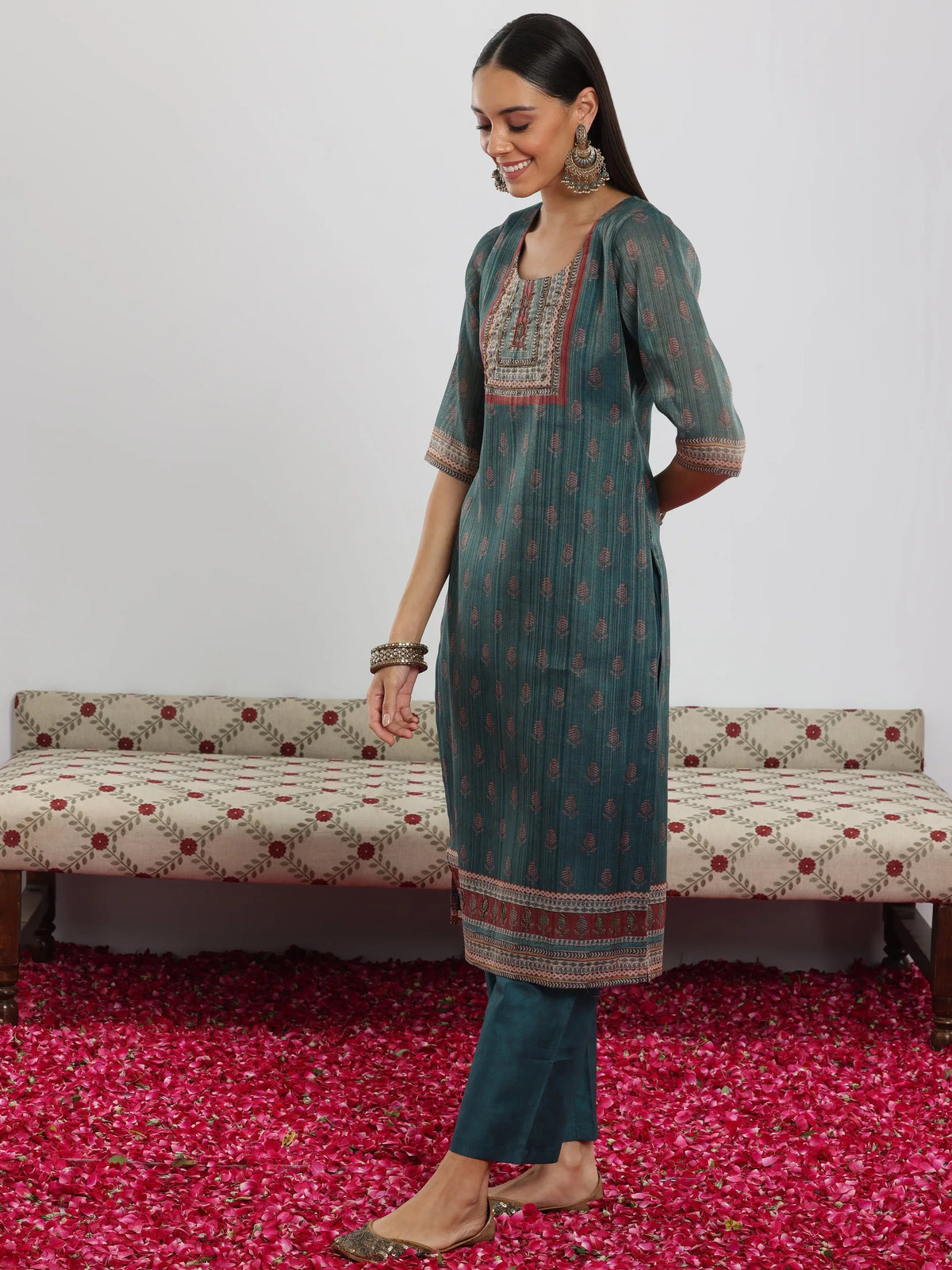 Anouk Teal Green Printed Silk Blend Straight Suit With Dupatta