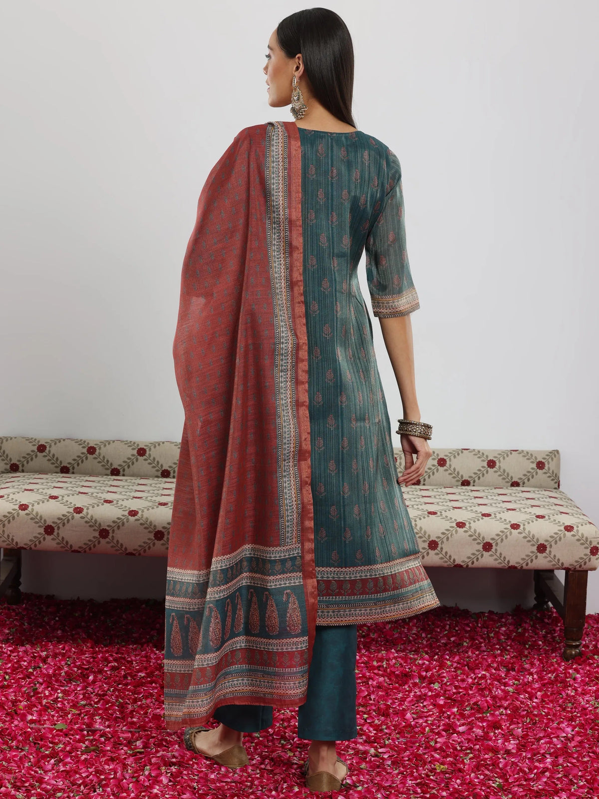 Anouk Teal Green Printed Silk Blend Straight Suit With Dupatta