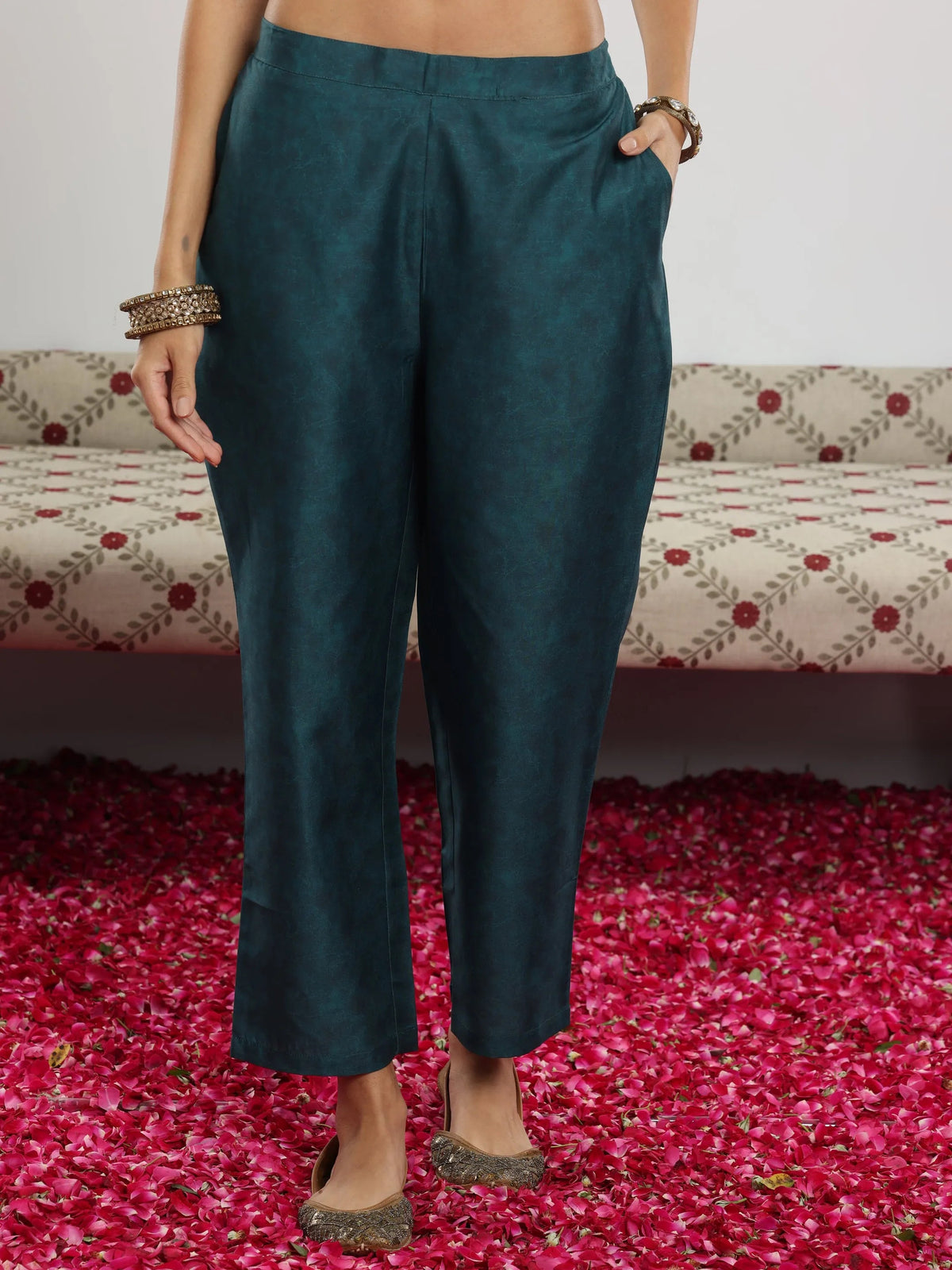 Anouk Teal Green Printed Silk Blend Straight Suit With Dupatta
