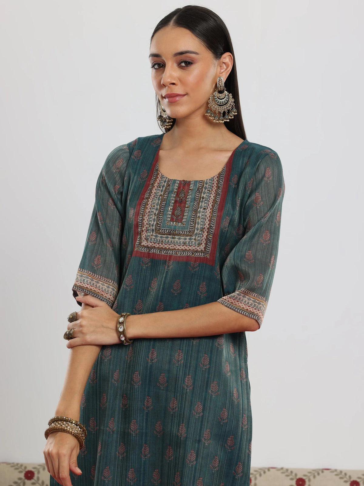 Anouk Teal Green Printed Silk Blend Straight Suit With Dupatta