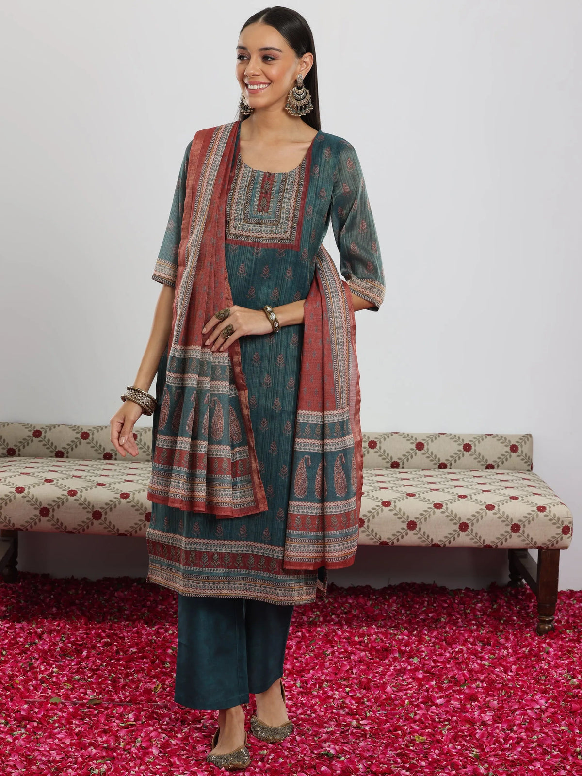 Anouk Teal Green Printed Silk Blend Straight Suit With Dupatta