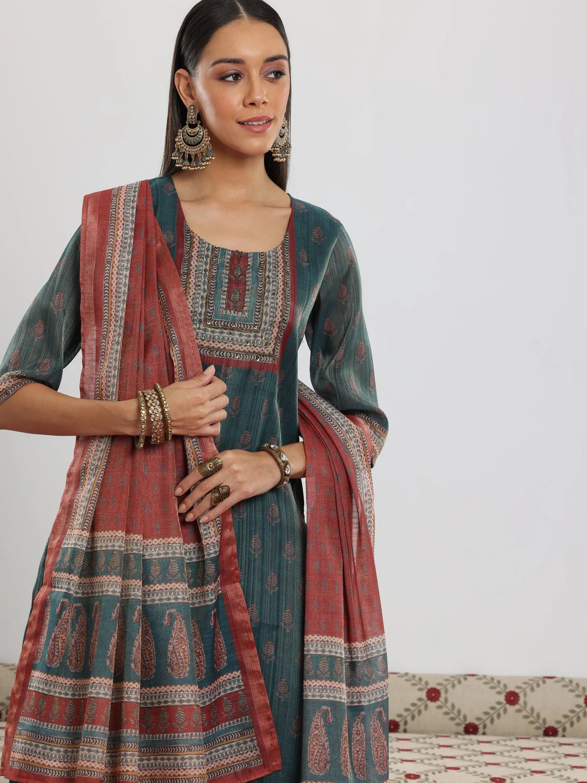 Anouk Teal Green Printed Silk Blend Straight Suit With Dupatta