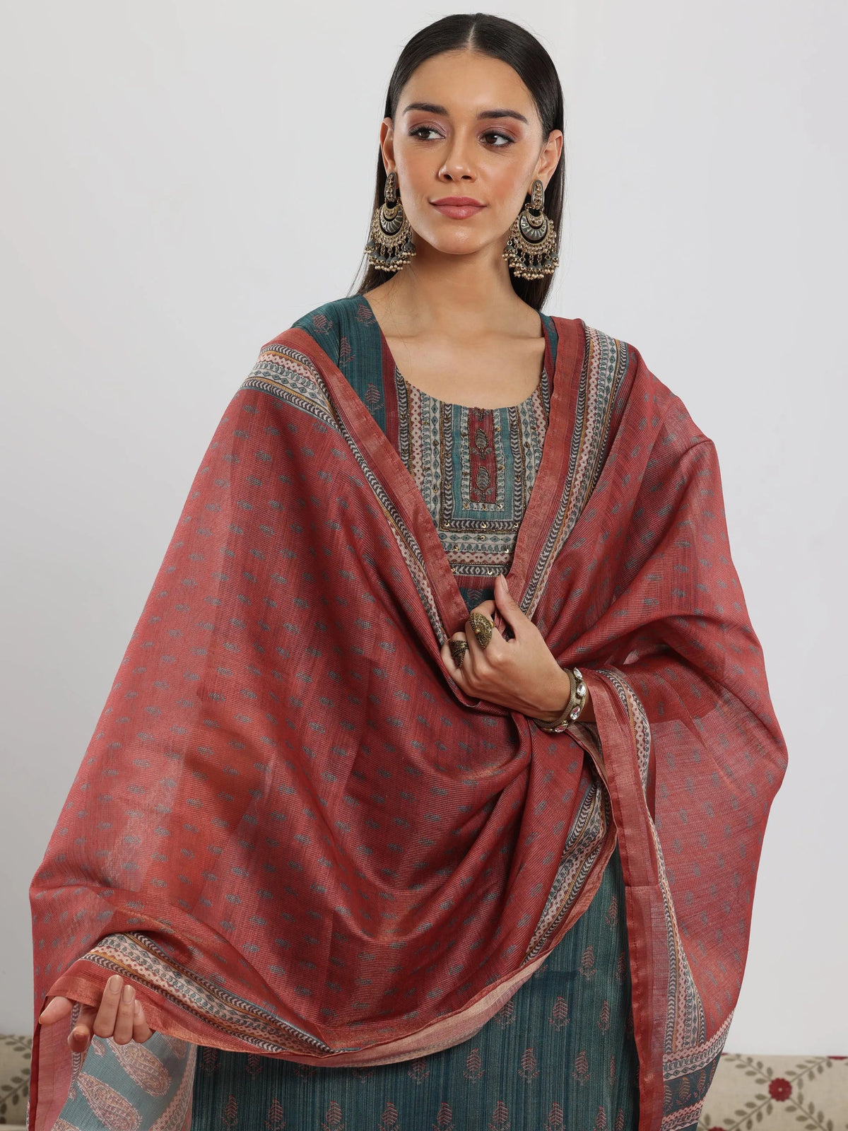 Anouk Teal Green Printed Silk Blend Straight Suit With Dupatta
