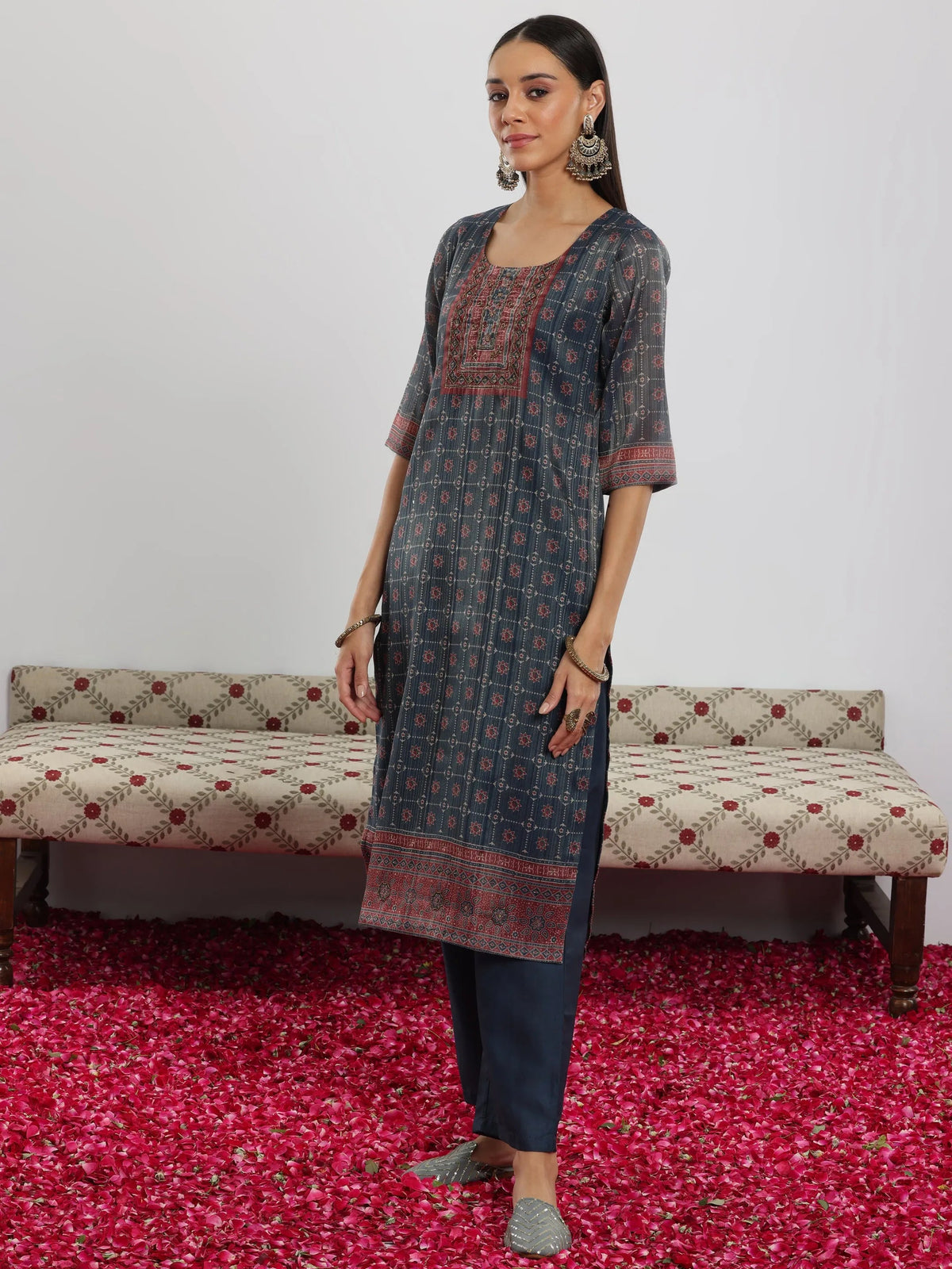 Anouk Blue Printed Silk Blend Straight Suit With Dupatta