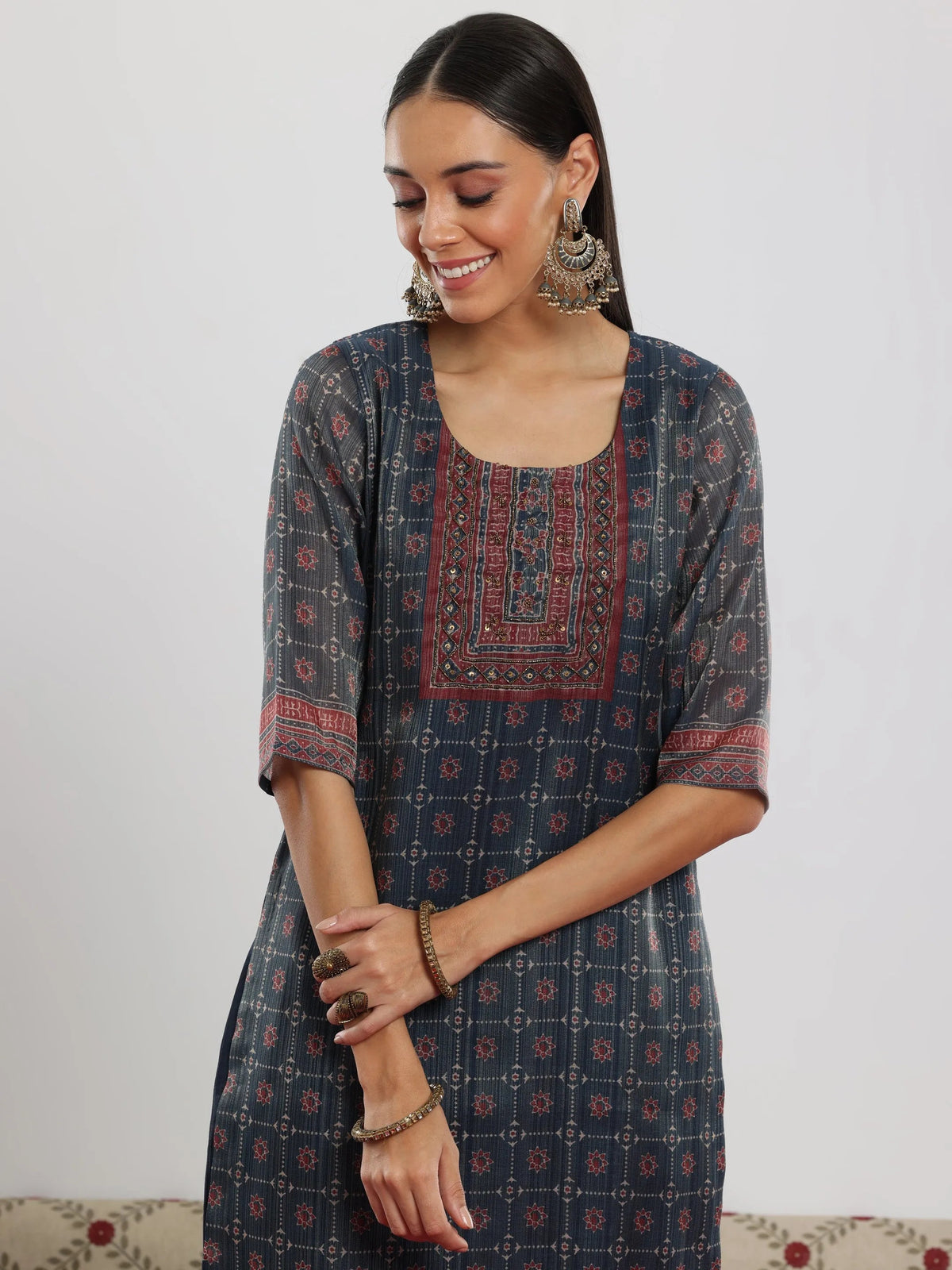 Anouk Blue Printed Silk Blend Straight Suit With Dupatta