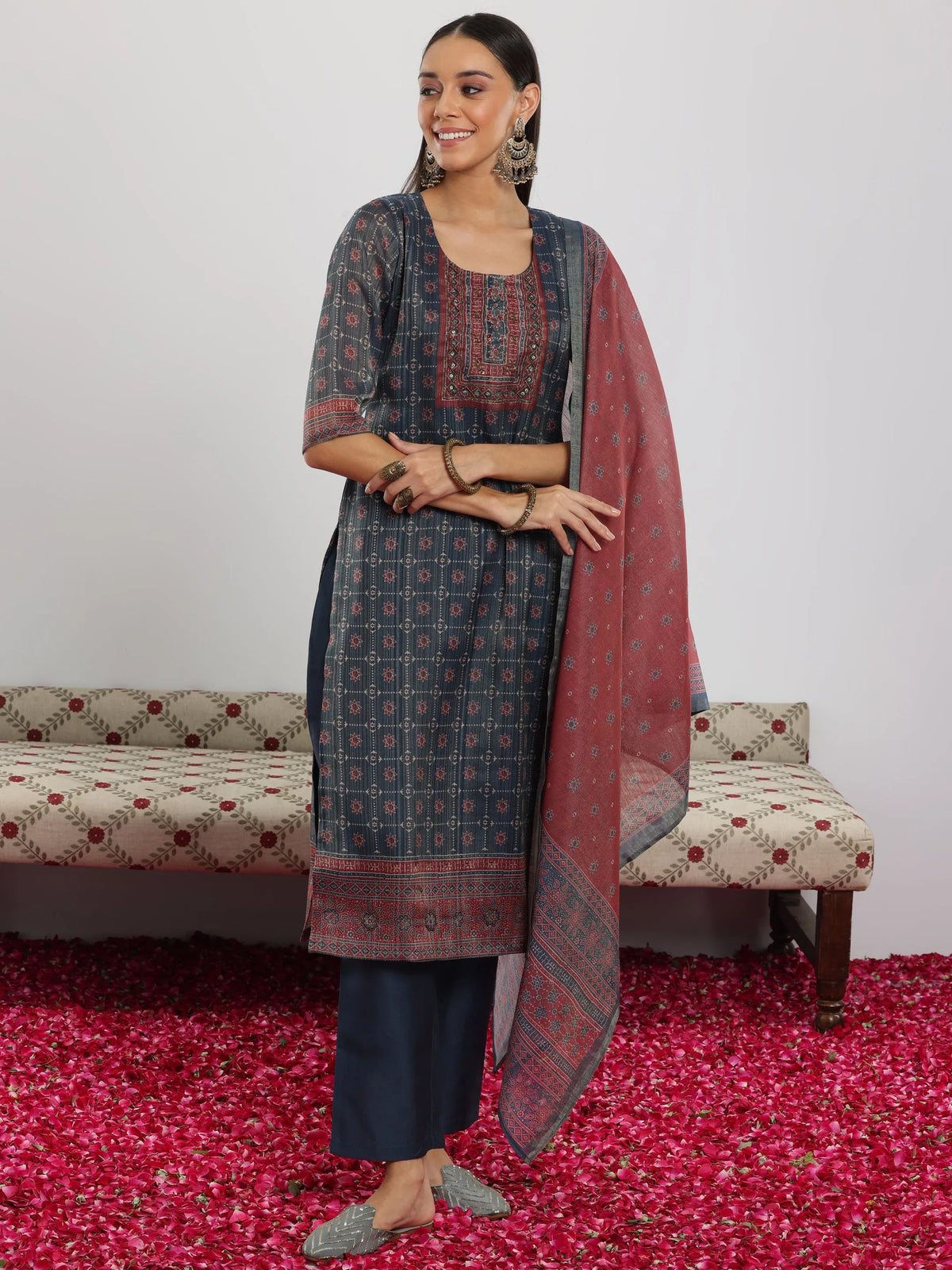 Anouk Blue Printed Silk Blend Straight Suit With Dupatta