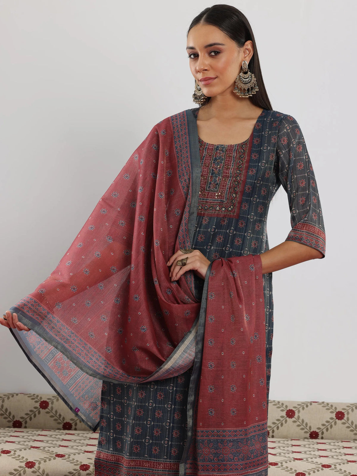 Anouk Blue Printed Silk Blend Straight Suit With Dupatta
